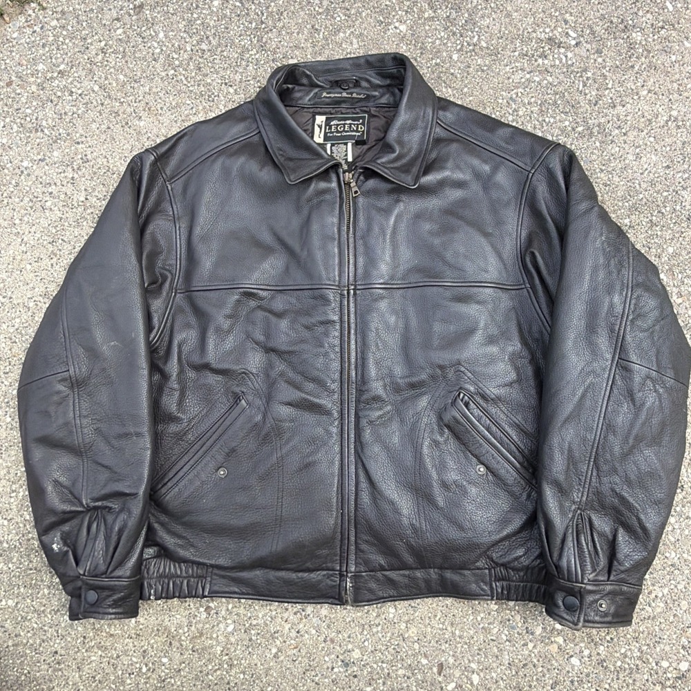 Eddie Bauer Legend Journeyman Down Bomber Jacket Black Leather Men's XL